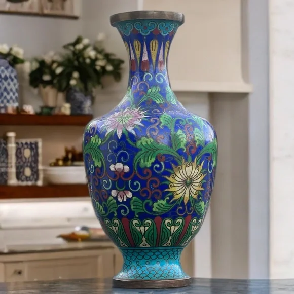 VINTAGE Colorful Floral Cloisonné Vase - 9” tall - Picture 3 of 11